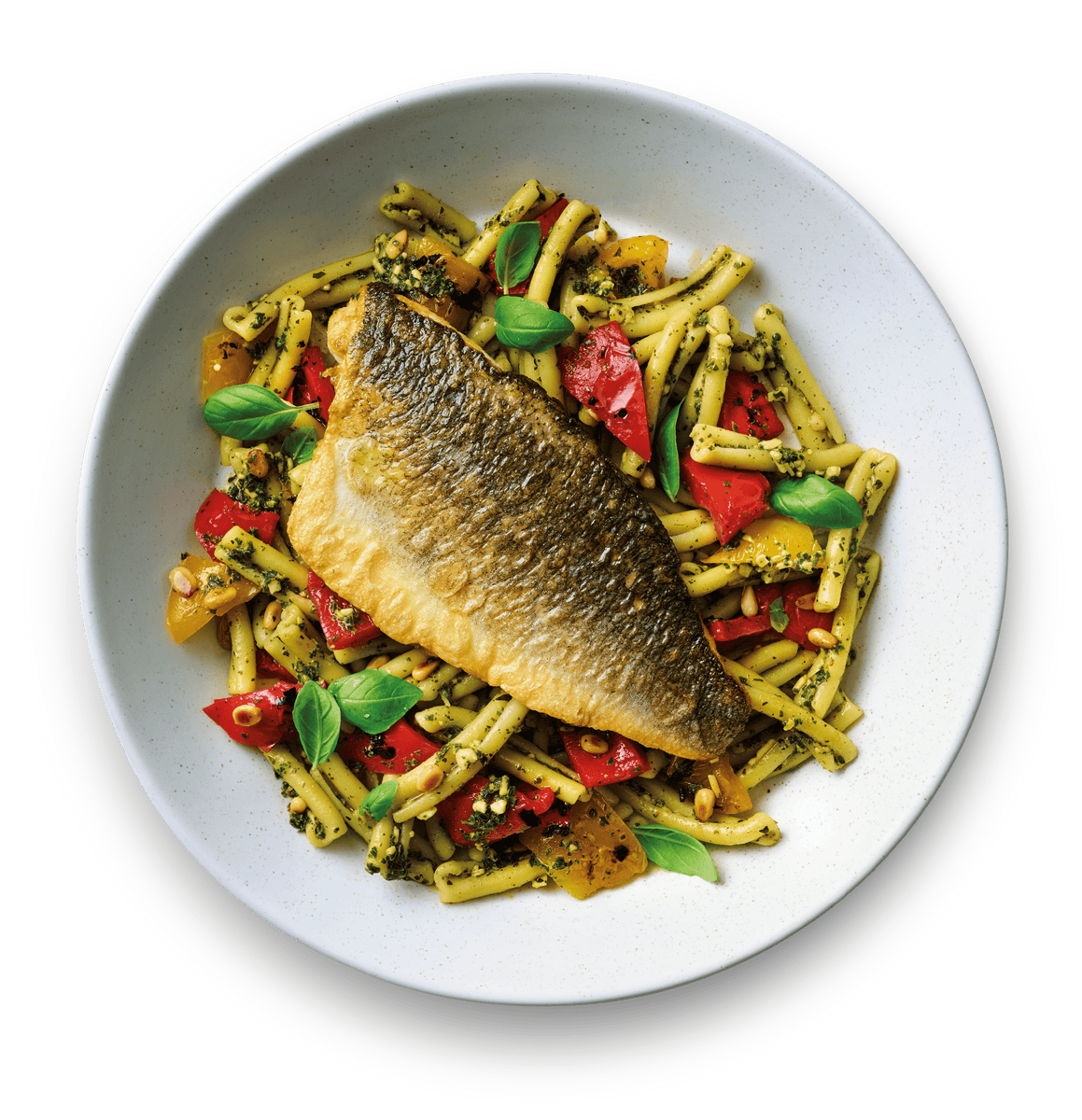 Fred's sea bass fillets with pesto pasta and peppers – Fish Said Fred