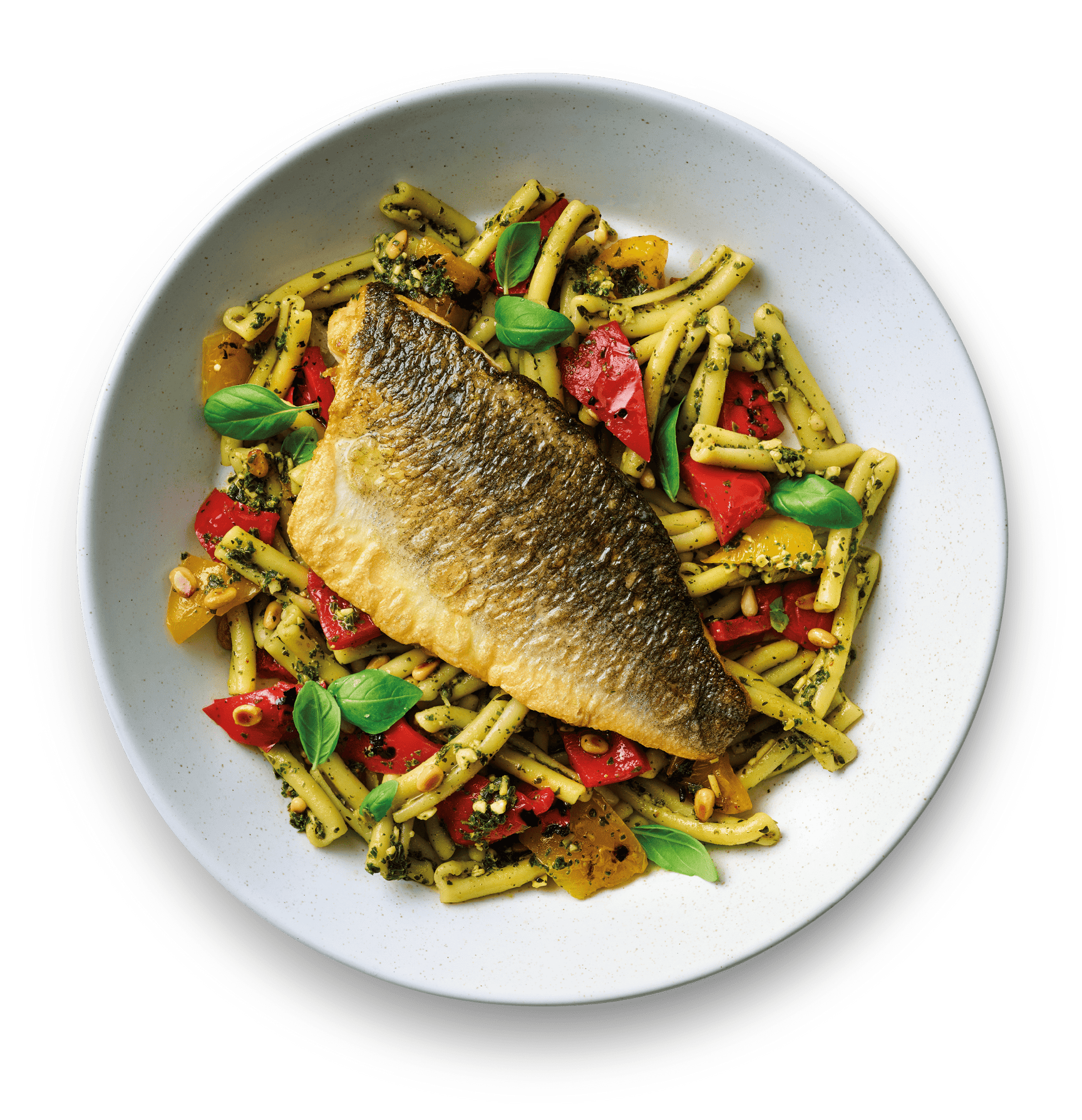 Fred's sea bass fillets with pesto pasta and peppers