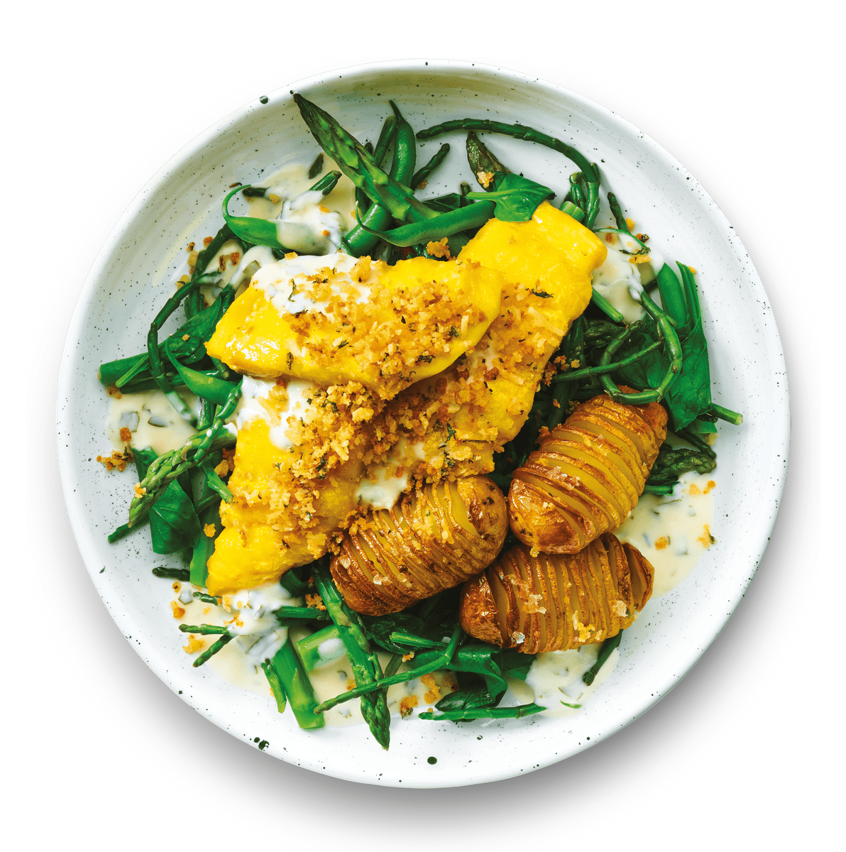 Fred’s cheesy smoked haddock with Hasselback potatoes and greens Fish