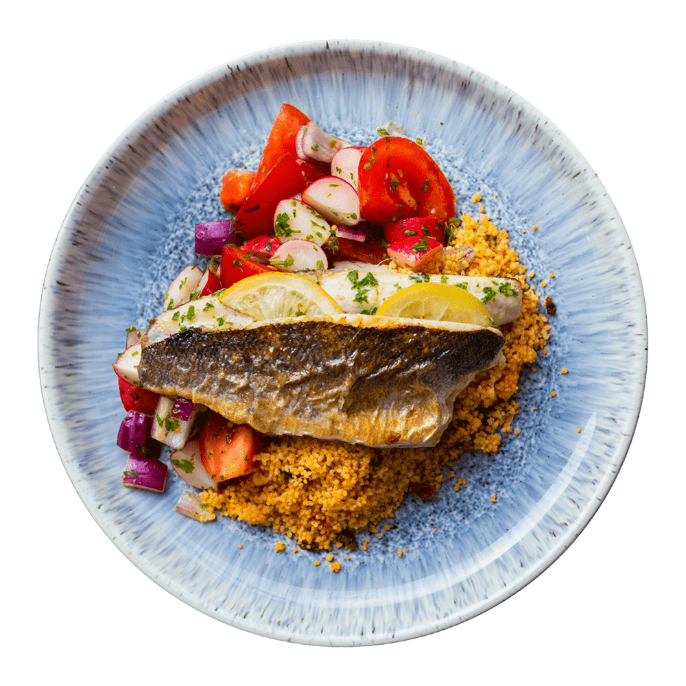 Fred’s butterflied sea bass with couscous and a tomato and radish sala – Fish Said Fred