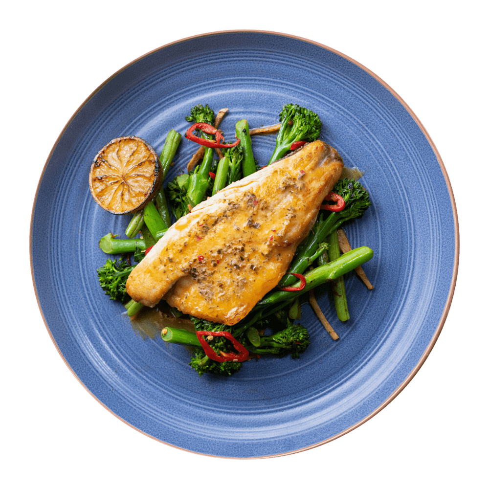 Fred’s sea bass with chilli, ginger and sesame greens