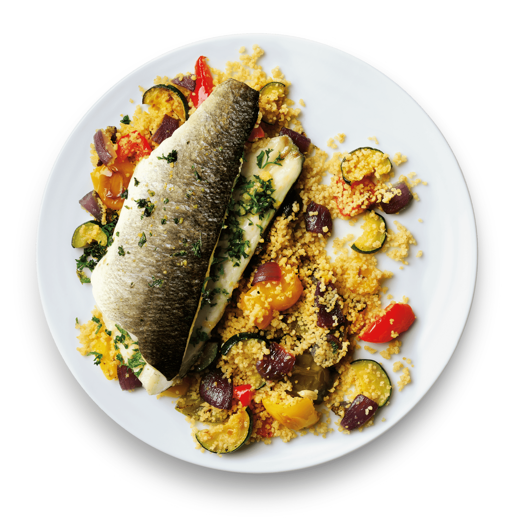 Fred's butterflied sea bass served with couscous and roasted vegetables