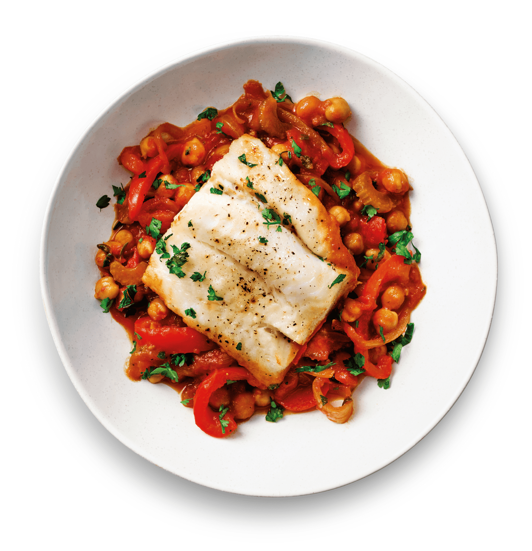 Fred's Spanish style hake with tomatoes and chickpeas