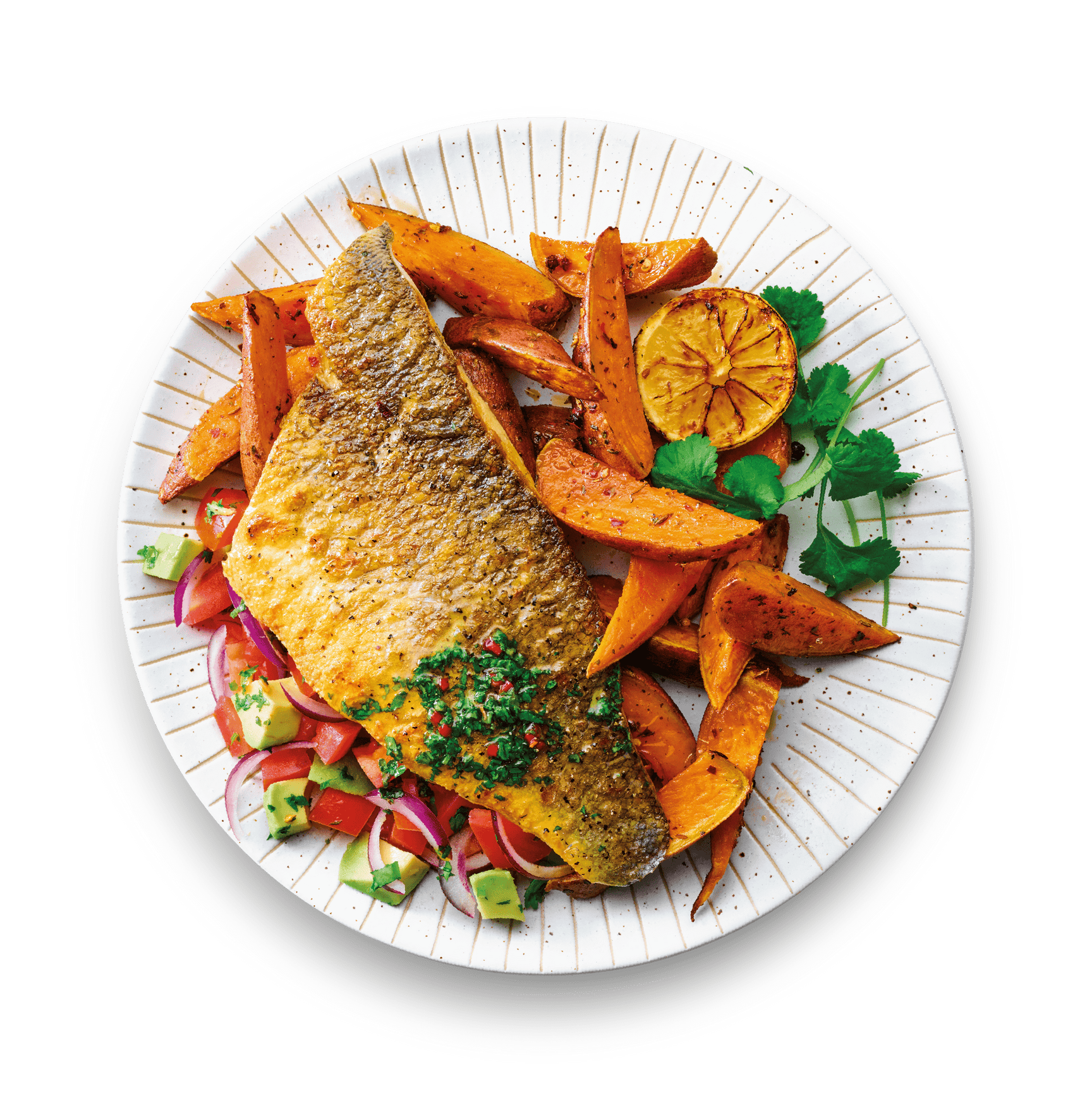 Fred's sea bass fillets with sweet potato wedges, chimichurri and avocado salsa