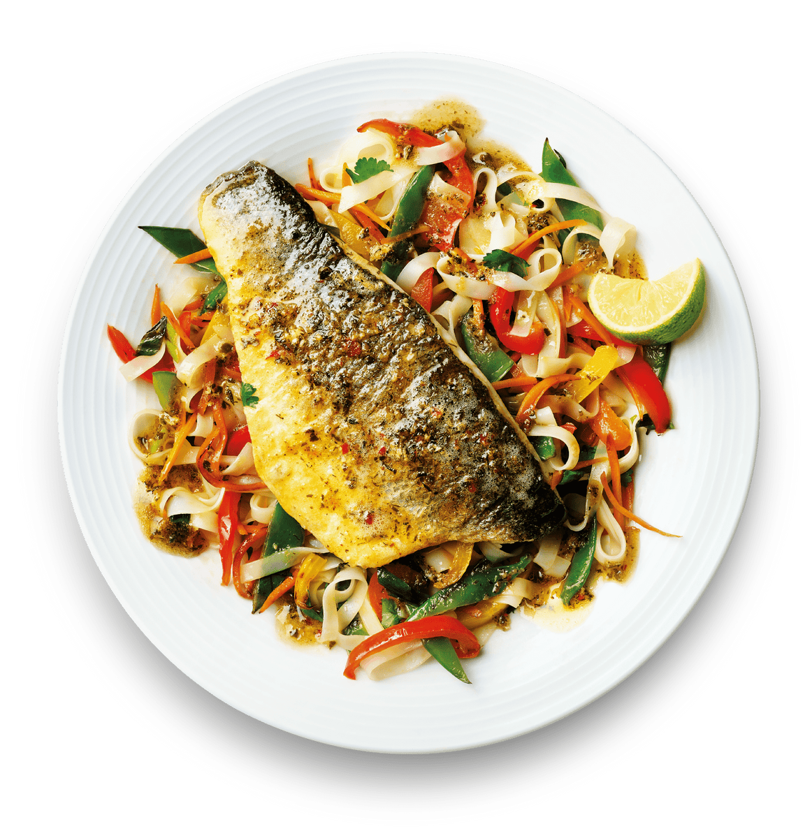 Fred's sea bass fillets served with vegetable rice noodles Fish Said Fred