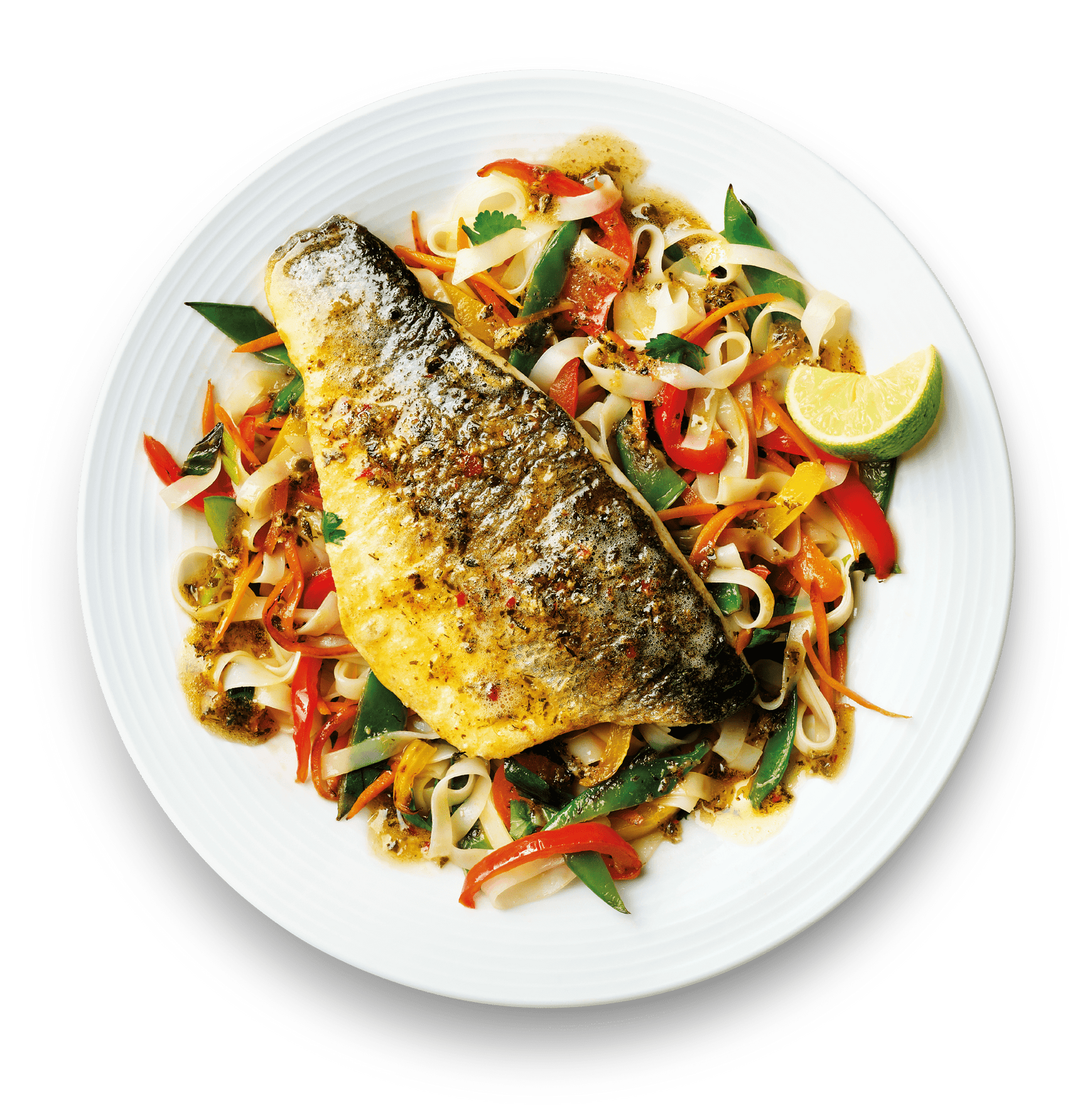 Fred's sea bass fillets served with vegetable rice noodles