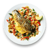 Fred's sea bass fillets served with vegetable rice noodles