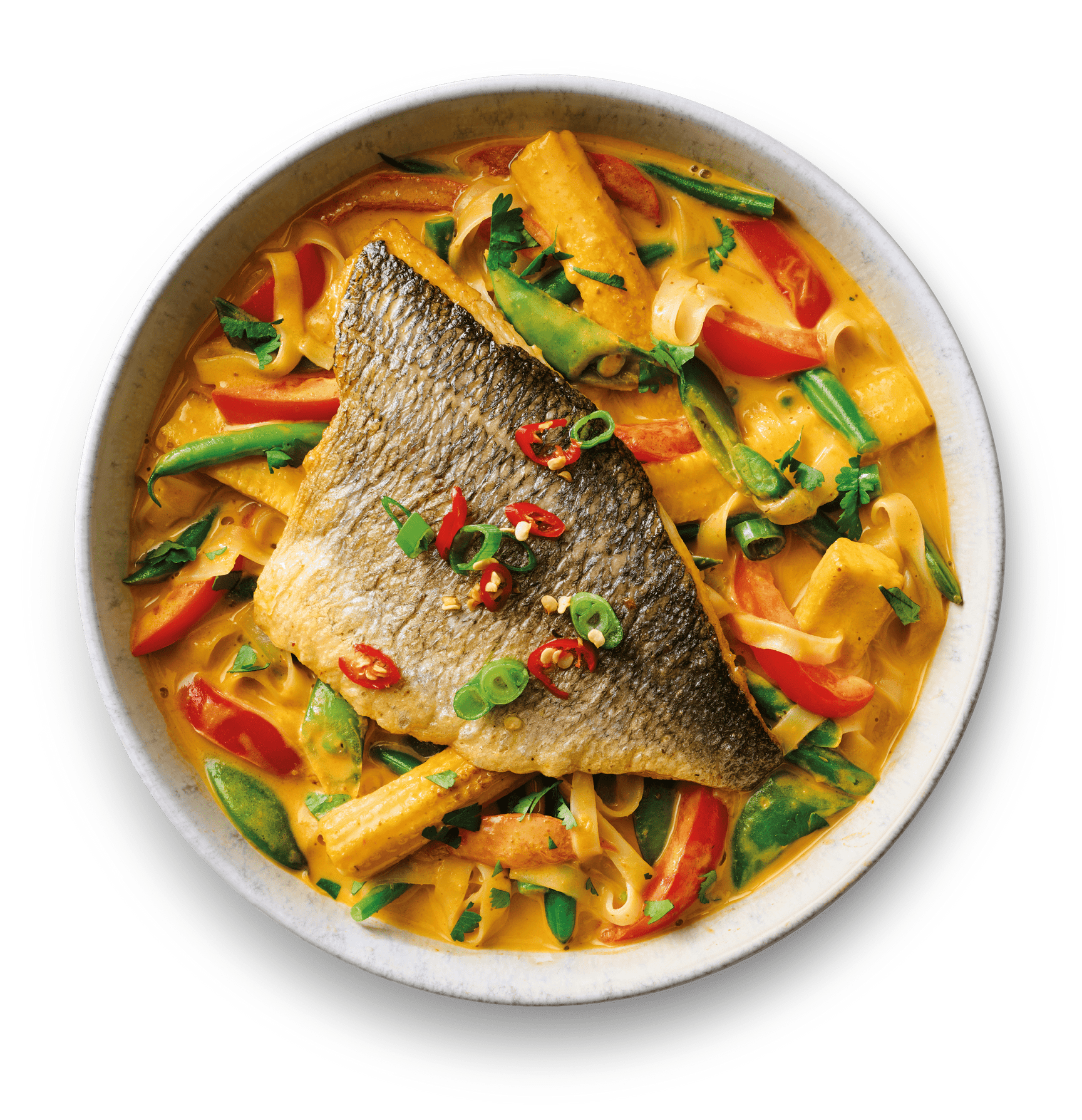 Fred's sea bream with Thai red curry and noodles