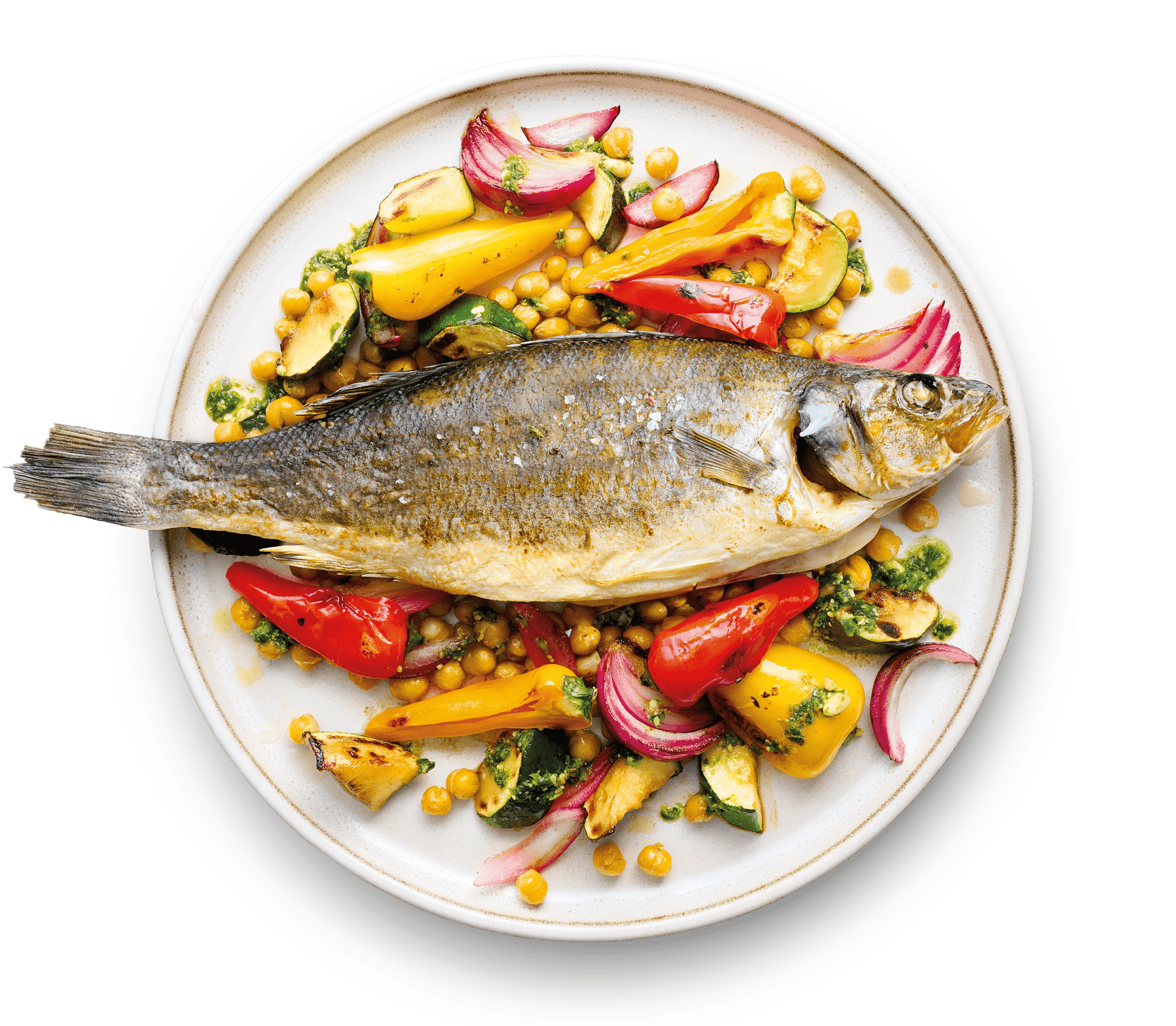 Fred's whole sea bass, Mediterranean vegetable traybake and pesto