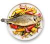 Fred's whole sea bass, Mediterranean vegetable traybake and pesto