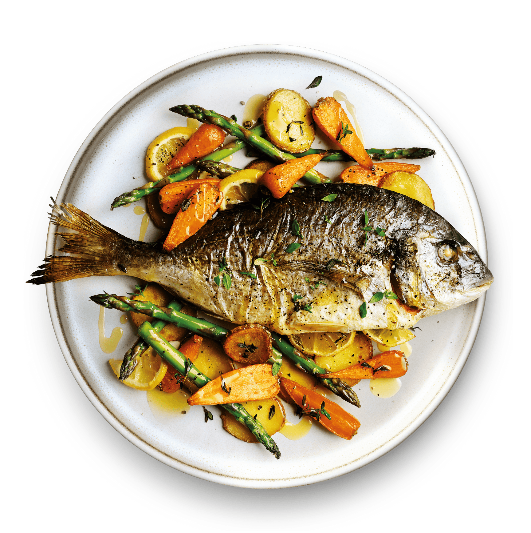 Fred's whole sea bream, baby potatoes and vegetable traybake