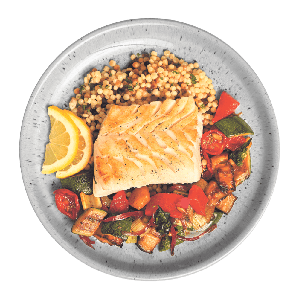Fred’s big cod fillets with Mediterranean veg and giant couscous