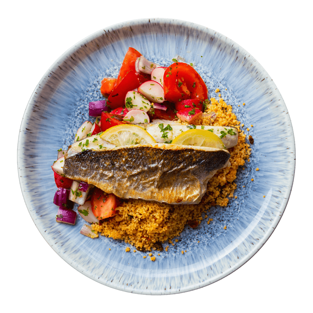 Fred’s butterflied sea bass with couscous and a tomato and radish salad