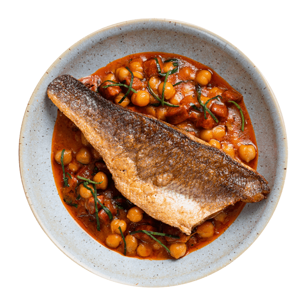 Fred’s pan-fried sea bass with chorizo and chickpea stew
