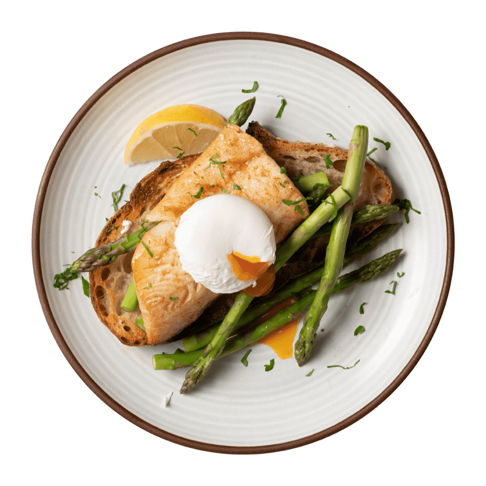 Fred’s smoked haddock with poached eggs and asparagus