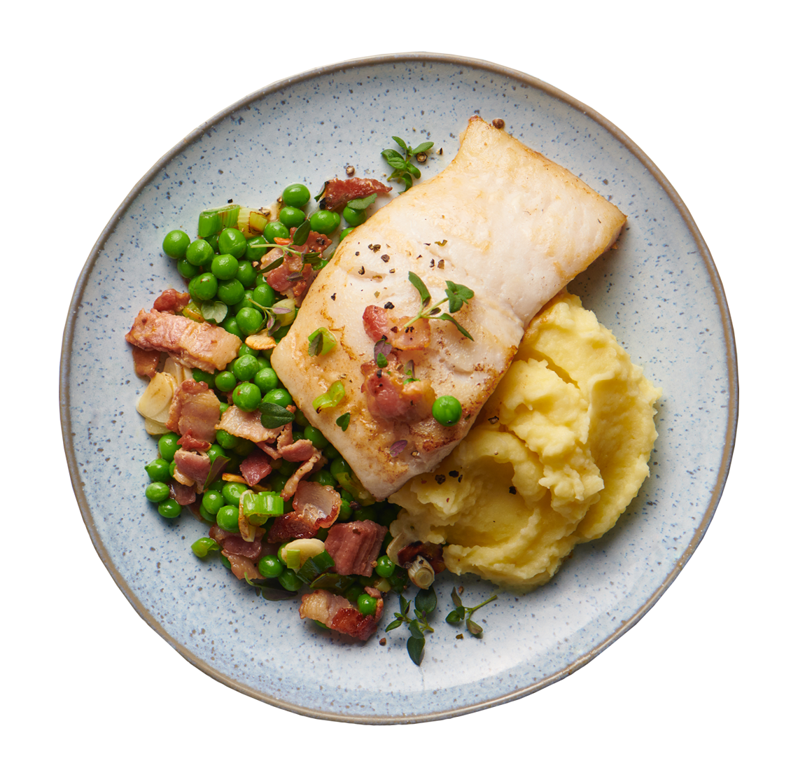 Fred’s pan-fried hake with buttered mash, peas and pancetta