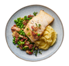 Fred’s pan-fried hake with buttered mash, peas and pancetta